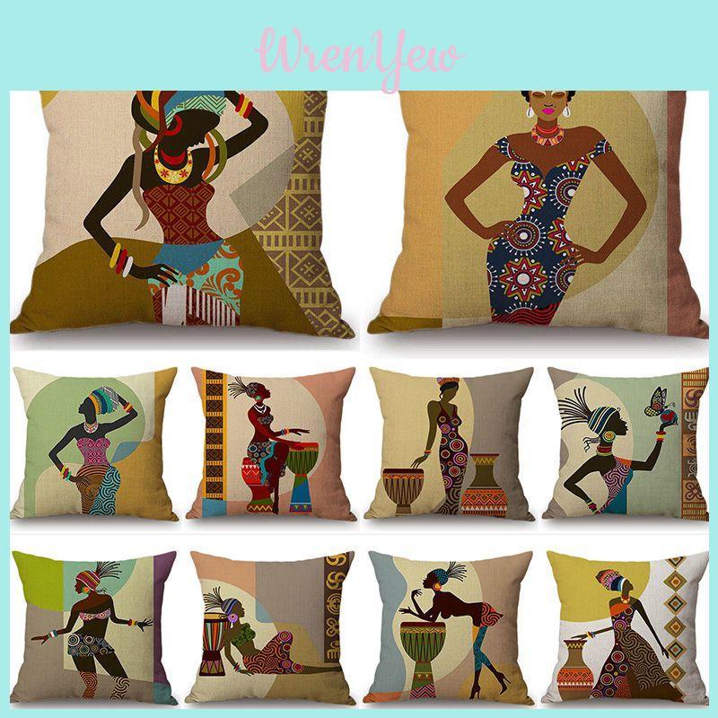 Stylish Cartoon Fashion African Woman Lady Cushion Covers Durable Linen Throw Pillow Case 18
