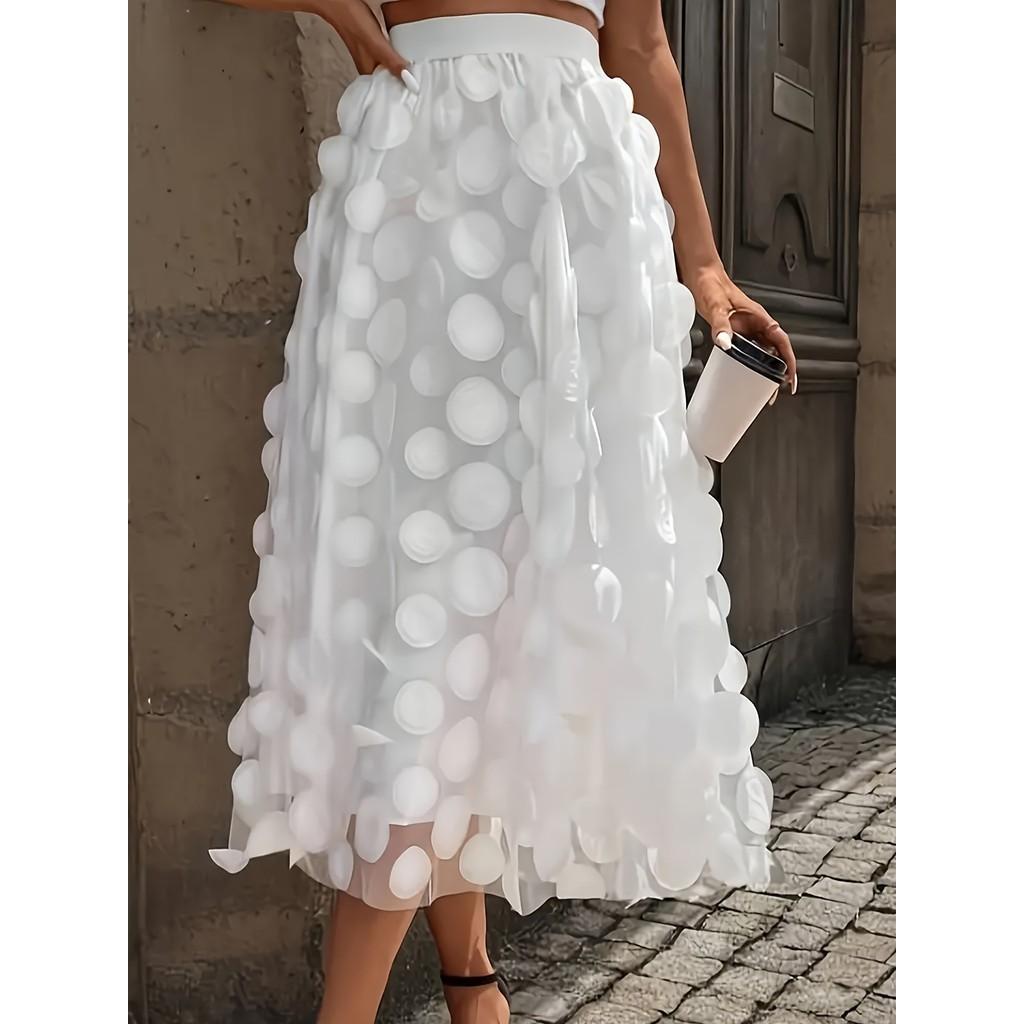 3D Applique Patchwork Tulle A-Line Midi Skirt with Lining Layered Flowy Half Skirt for Women Ethereal QT-2176