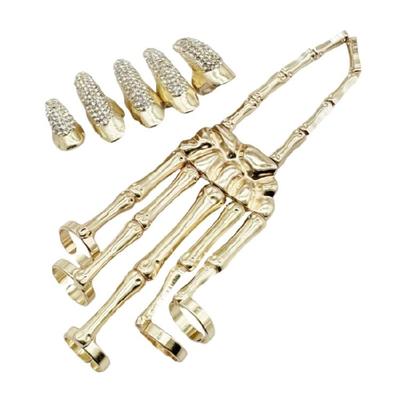 6PCs Gothic Skull Hand Jewelry Set Adjustable Bone Claw Rings And Matching Bracelet For Punk Rock Fashion Accessories