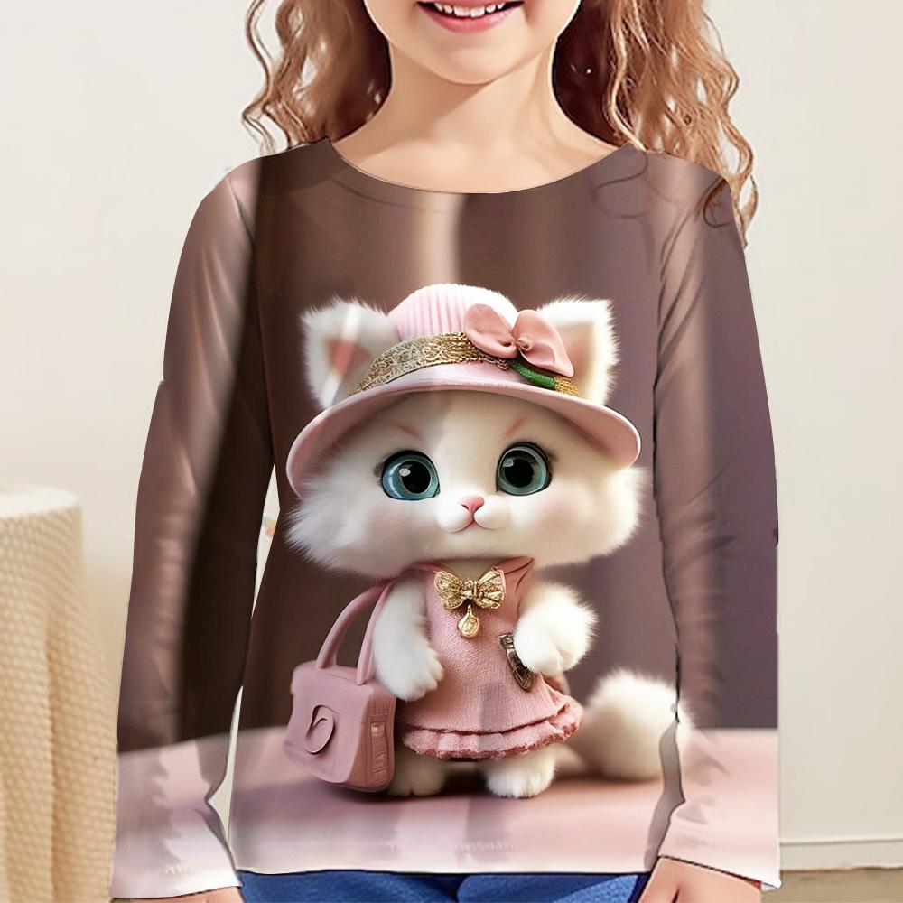 Children's Clothing Girl T-Shirts Long Sleeve 3D Cartoon Cat Print Kids Spring Fall Clothes Casual Round Neck Girl Clothes Tops