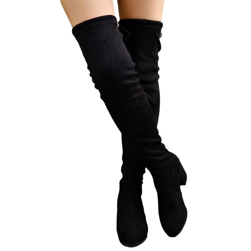 Winter Black Slim Stretch Long Boots Women Square Heel Over The Knee Boots Fashion Elegant Rear Lace Up Pointed Toe Women Shoes