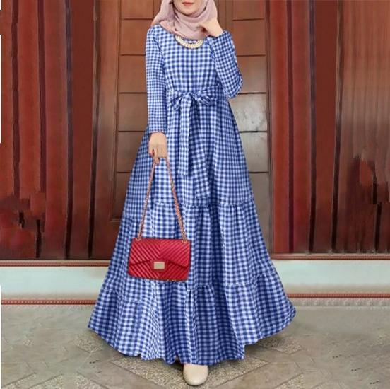 Plaid Round Neck Full Sleeve Loose Dress with Belt