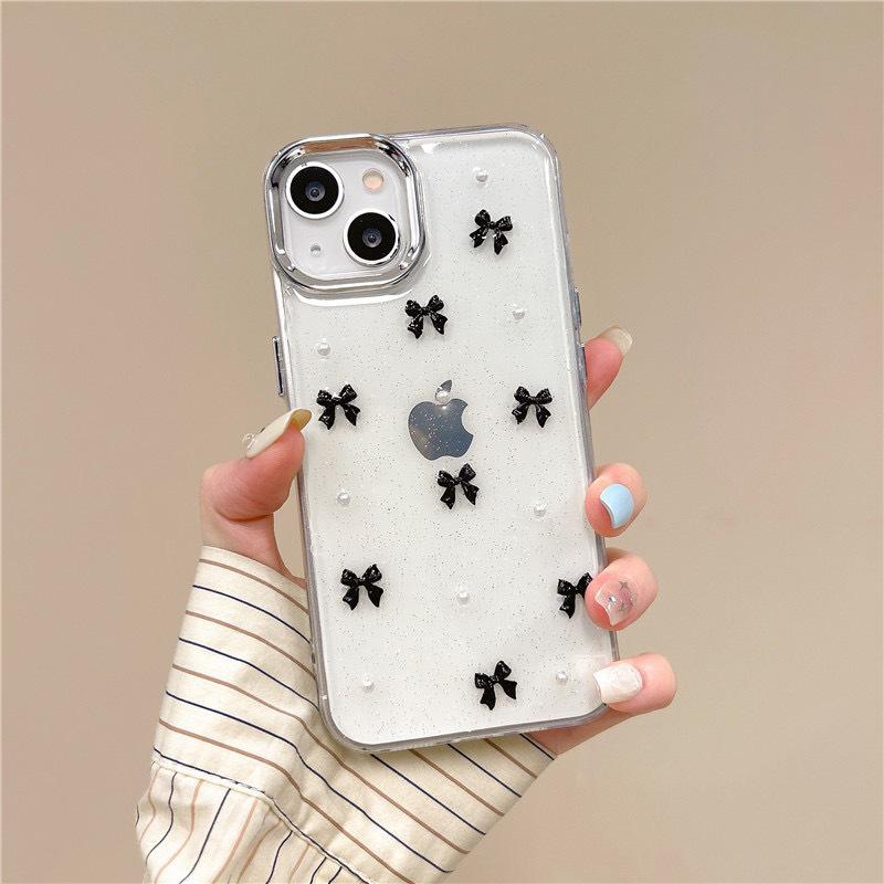 Transparent Glitter Phone Case for IPhone 16 Promax Black Bow for Apple 17 Pearl 13 Women's New Model