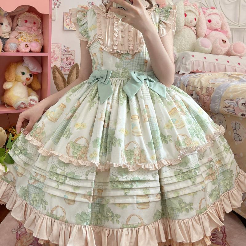 Japanese Kawaii Lolita Jsk Dress Women Victorian Retro Ruffle Grape Print Bandage Bow Trailing Princess Dresses Party Mini Dress