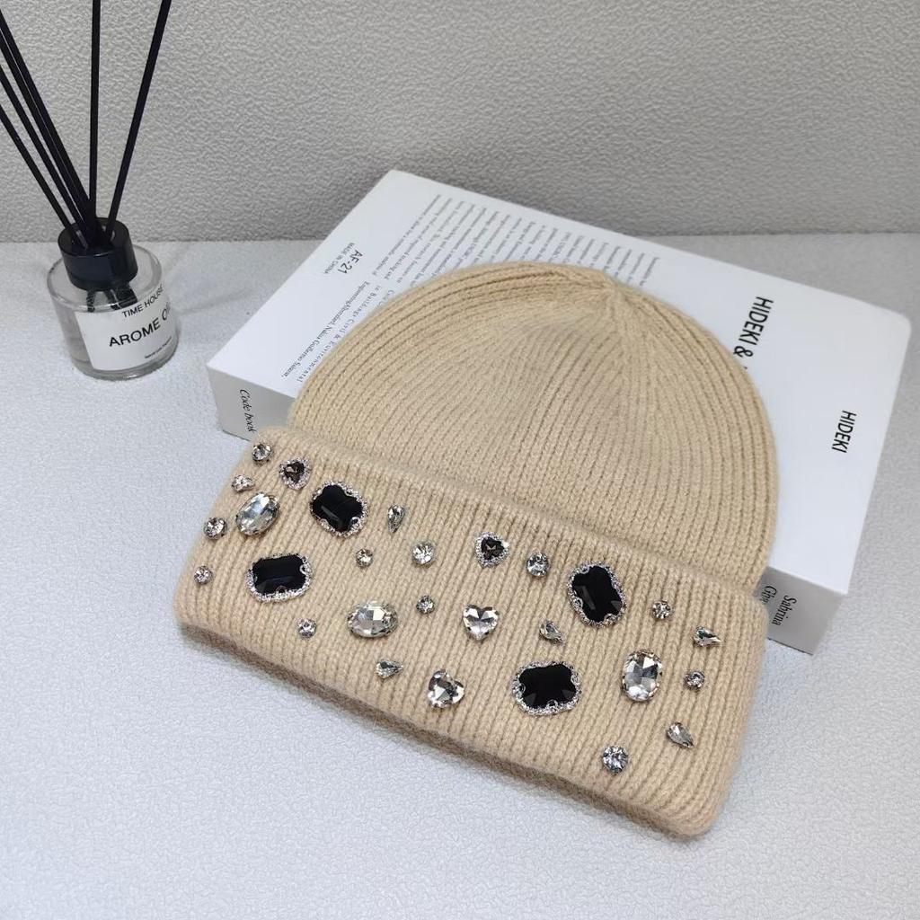 Rhinestone Rabbit Wool Hat for Women In Autumn and Winter White Big Head Knitted Hat Showing Face Small Northeast Wool Hat Cold Hat