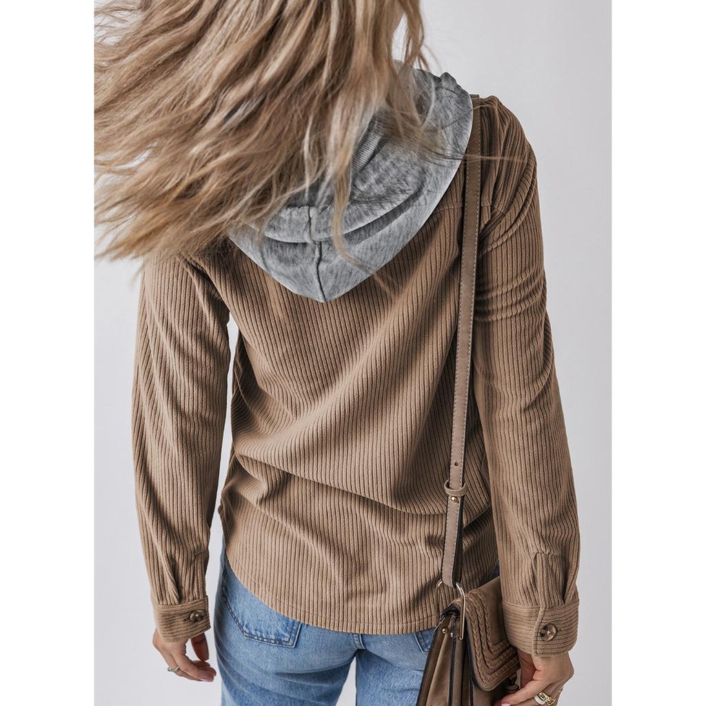 IHUASU Autumn Winter Lapel Buckle Cardigan Purse Hooded Drawstring Striped Coat for Women