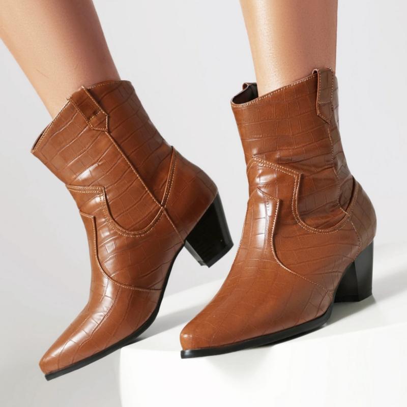 Yellow Brown Women's Ankle Boots New 2025 Autumn Winter Western Short Cowboy Boot Shoes Black Low Heels Party Footwear Shoes
