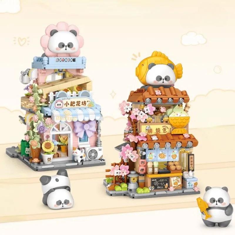 Loz Taiyaki Street View Shop Miniatur-Bausteine Panda Ziegel Spielzeug Montage Blume Werkstatt Klapphaus Sammlung Modell
