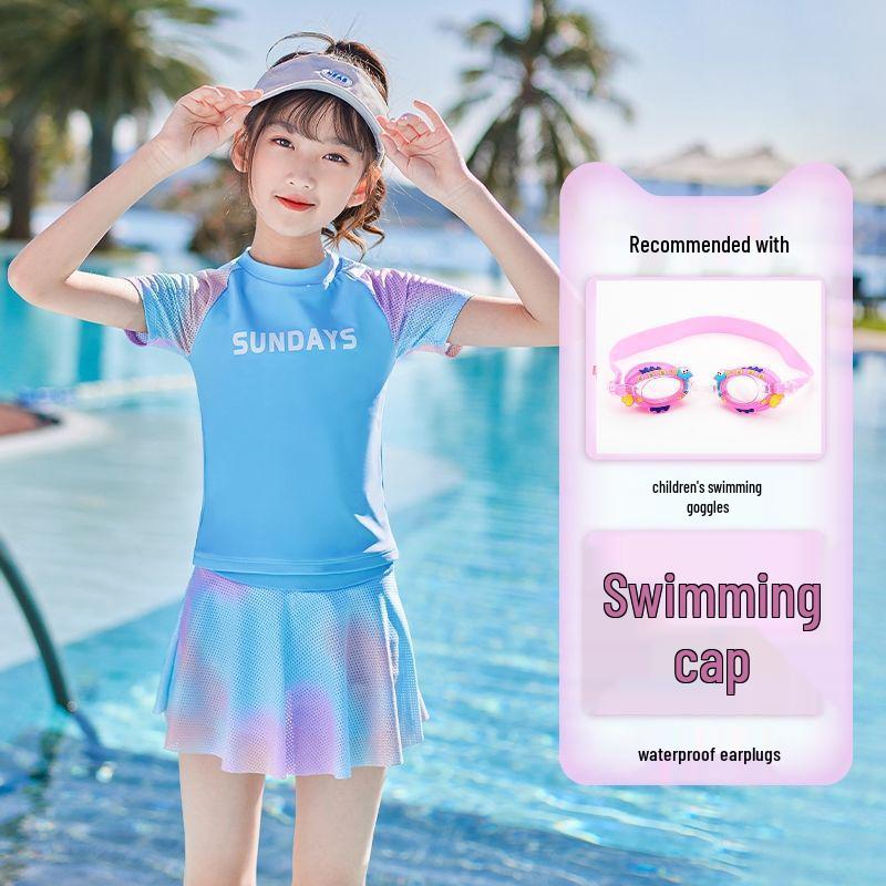 2024 Kids' Split Skirt Swimsuit - Short-Sleeved, Summer Beach Sunscreen for Girls