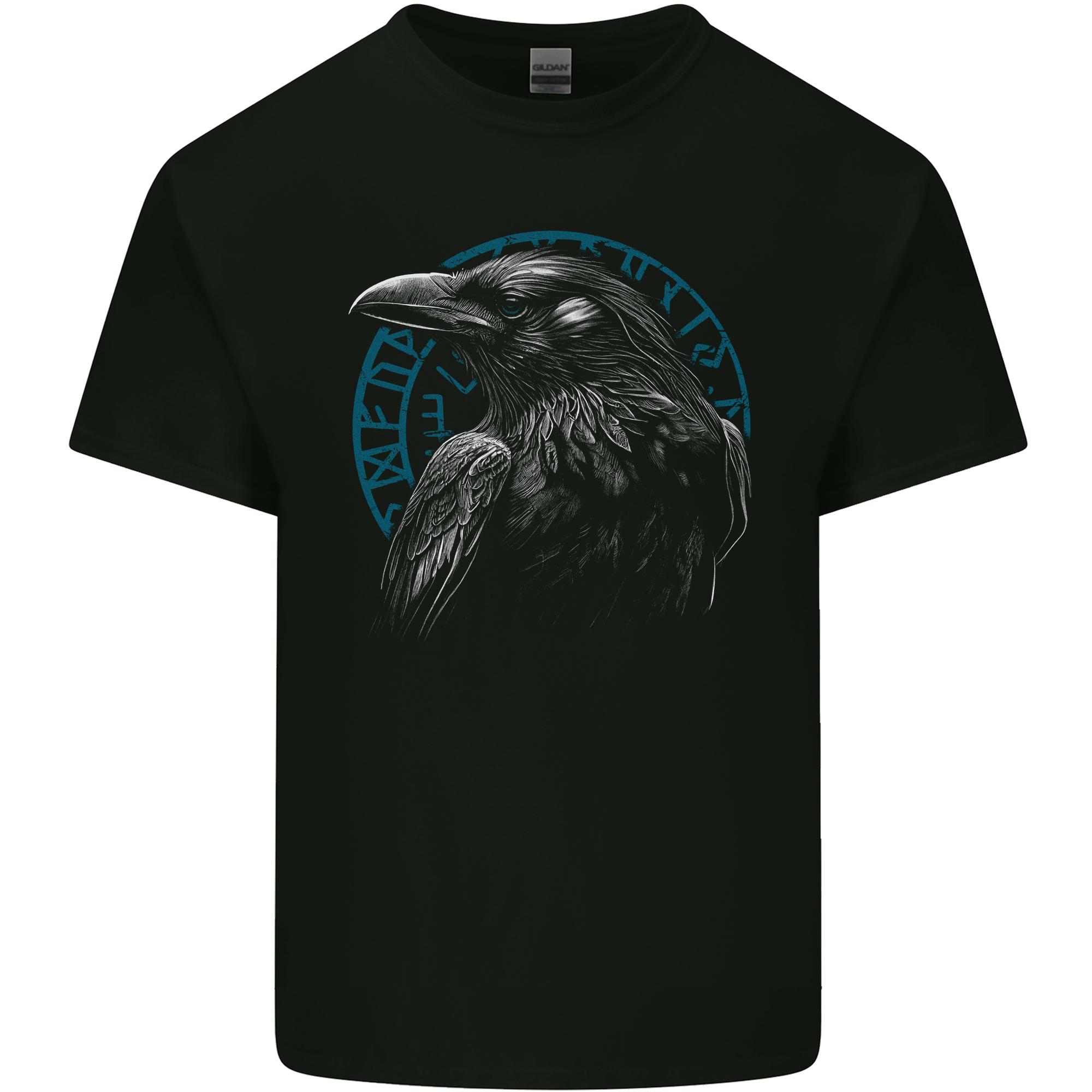 A Raven in Viking Symbols Text Valhalla Unisexs Light Cotton TShirt S