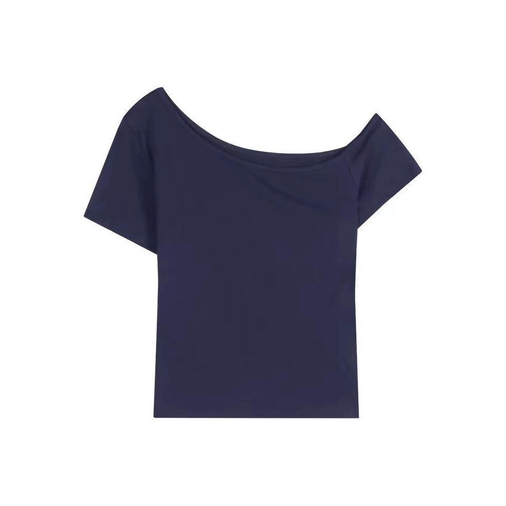 Pure lust Spice Girl slanted shoulder short-sleeved slim-fit T-shirt women's summer tight and thin bottoming shirt slim-fit short top