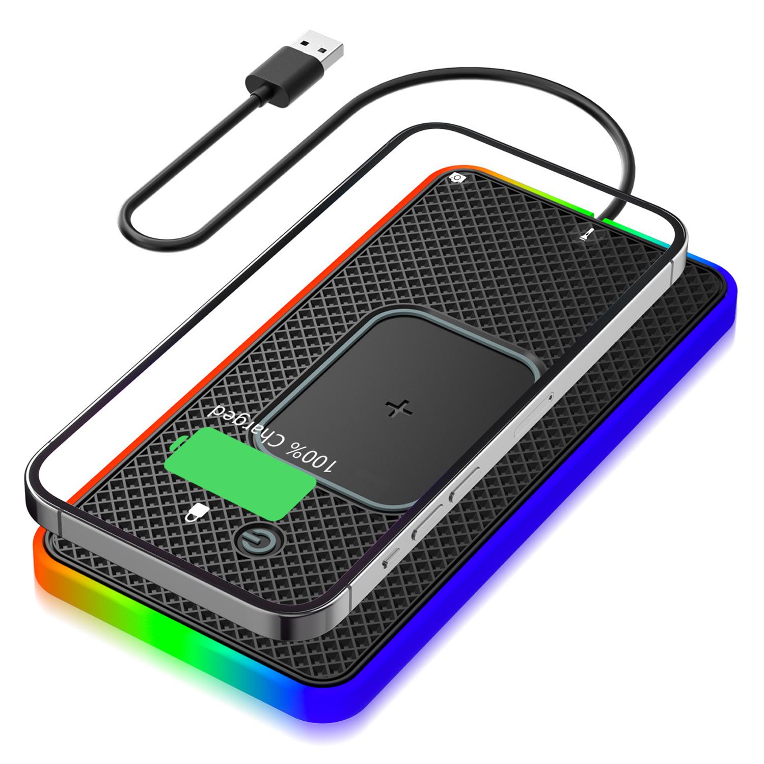 

Car Anti-Slip Phone Charging Pad Button Control RGB Light Wireless Charger with 0.3m USB Cable (Square) A