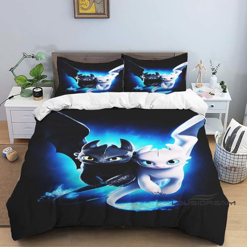 "How To Train Your Dragon" Cartoon-Print 3-Piece Bedding Set — Duvet Cover & Pillowcases (Suitable for Teens & Children — Boys &