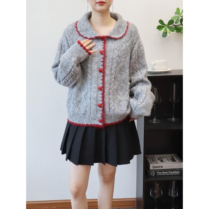 

Ленивый свитер-жакет с кукольным воротником, осень-зима, новый свободный дизайн, вязаный кардиган с застежкой-сердечком для женщин one size fits all серый