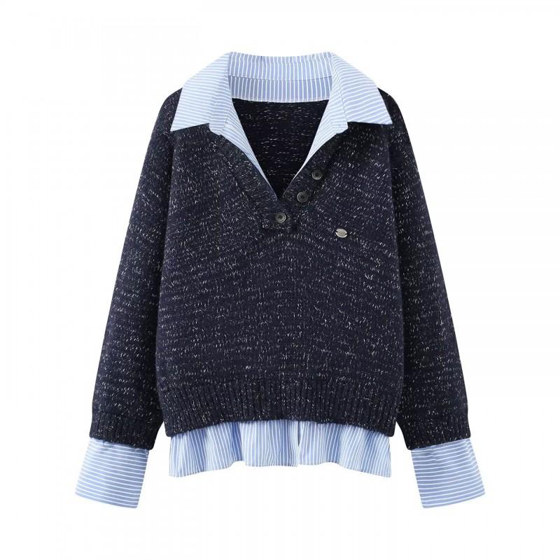 Womens Fashion Layered Knit Top 2026 Contrast Color Yarn Mock Two Piece Sweater Street Style