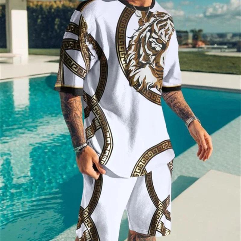 Móda Letní 2dílné soupravy Tepláky Pánské oversized oblečení Retro plážový styl 3D tisk trička Pánský oblek Tričko Šortky