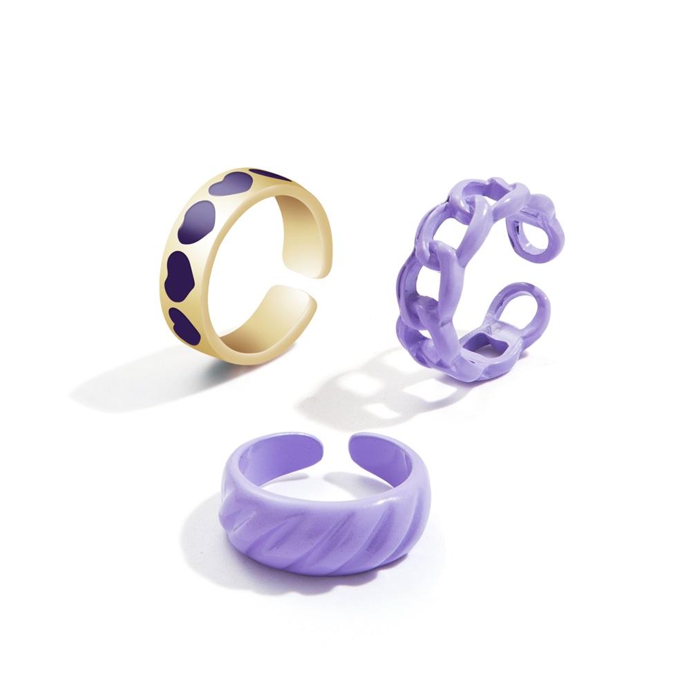

Модный красочный набор колец с сердечками из 3 предметов, зеленый, желтый, геометрическое отверстие, регулируемое шарнирное кольцо, модные ювелирные изделия фиолетовый
