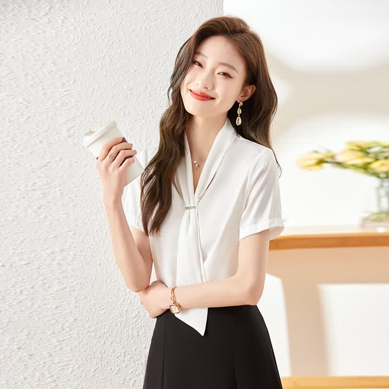 Women's Tie-Neck Chiffon Short Sleeve Blouse