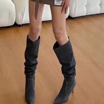 Women's Boots 2026 Retro Spicy Cowboy Boots Thin Heel Pointed Stacked Boots Wide Tube Long Tube Boots