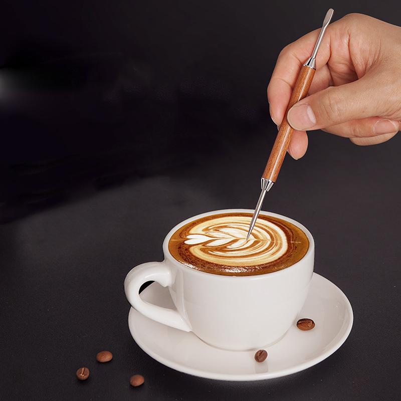 Stainless Steel Coffee Art Pen with Wood Handle Latte Pull Flower Needle
