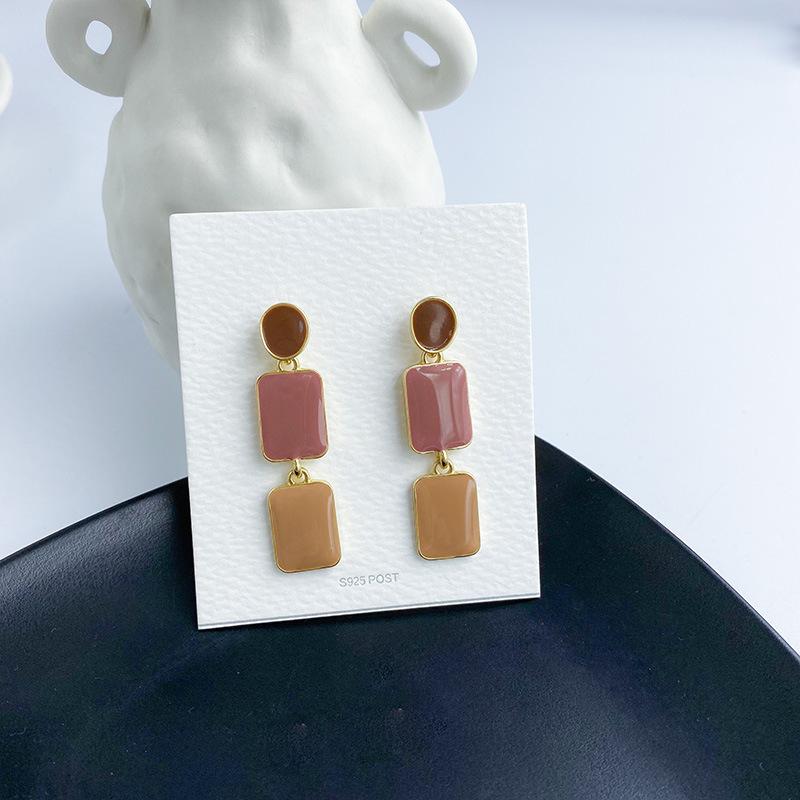 Contrasting Colors Square Dangle Earrings for Women Green Orange Enamel Oil Round Drop Earrings Party Sweet Jewelry Gift