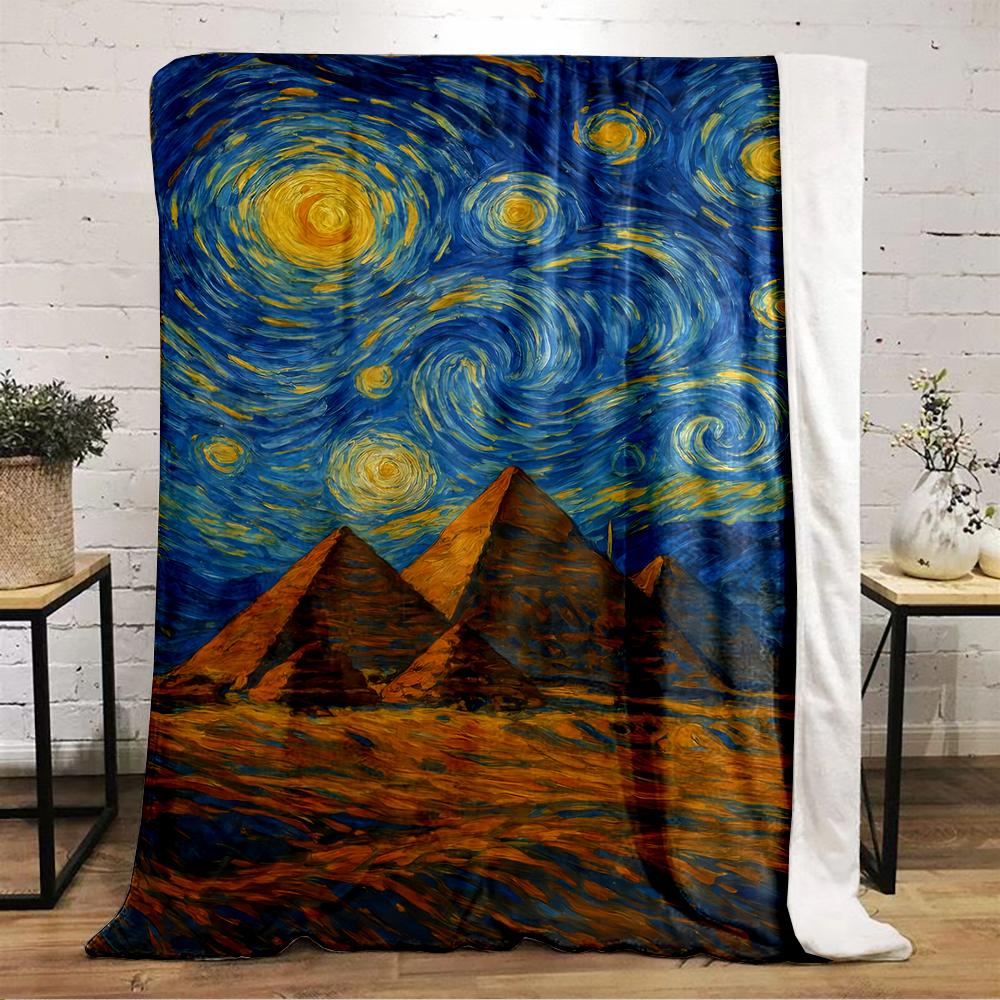 Van Gogh Starry Night and Pyramids Design Flannel Blanket for Bedroom, Living Room, Sofa, and Nap Sofas.