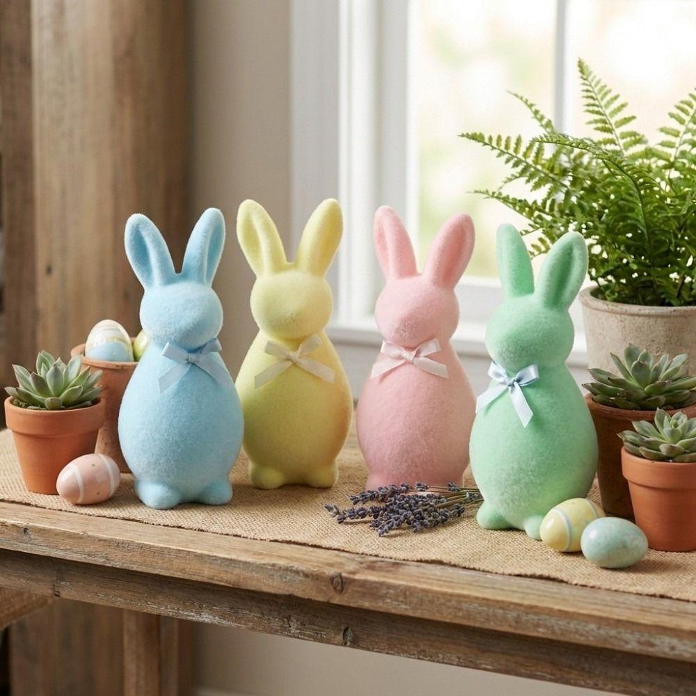 with Bow Easter Bunny Statue Plush Bunny Sculpture Flocked Rabbit Figures  Indoor Table