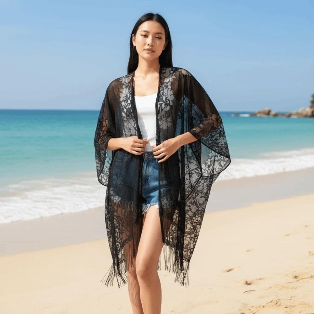 Breathable Lace Hollow Flower Shawl Sunscreen Seaside Vacation Cloak  For Gift