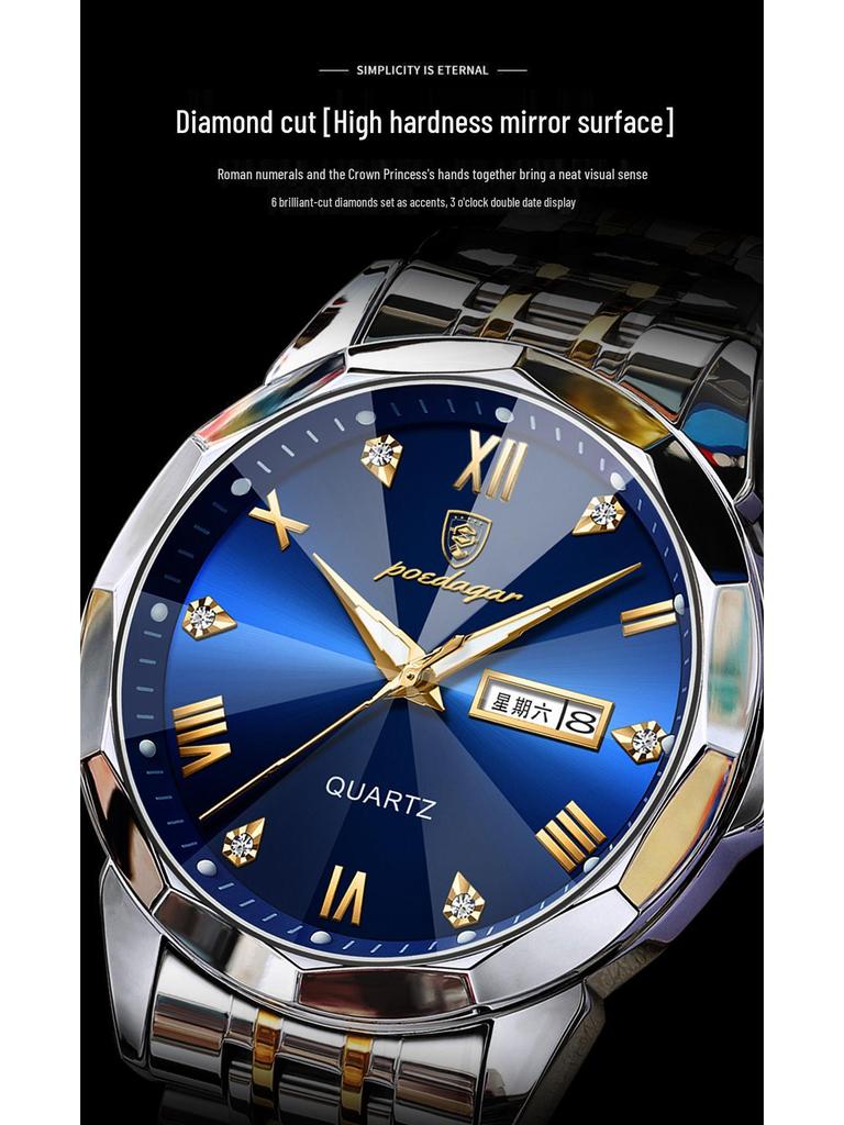 Swiss Luxury Men's Waterproof Luminous Quartz Watch with Solid Band