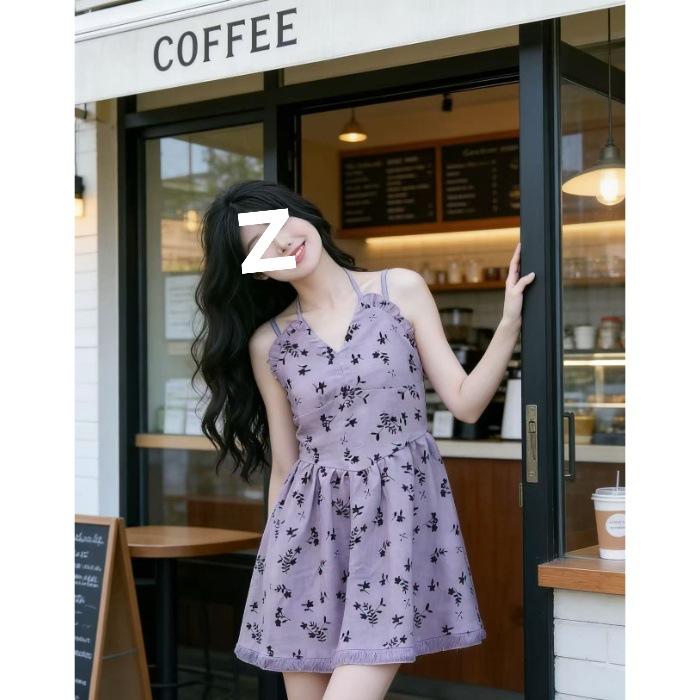 Sweet and spicy girl floral tassel halter camisole dress for women, summer waist-cinched elegance design for petite petite short skirts S