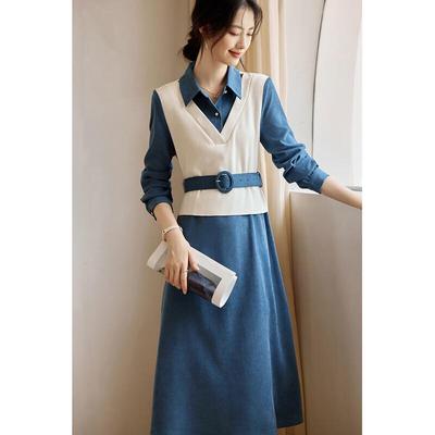 Shangjing Women's Faux Two-Piece Color Block A-Line Midi Dress