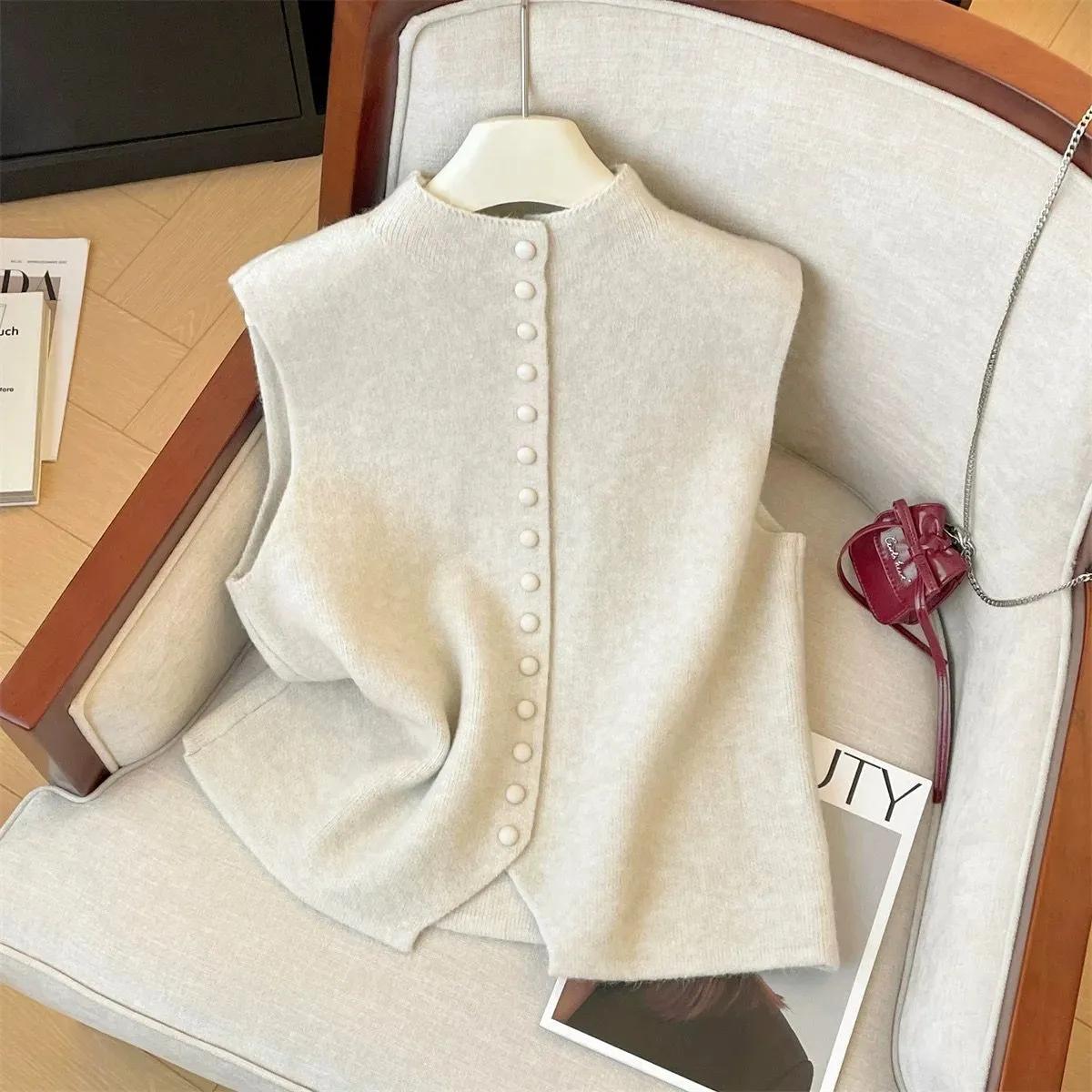 

Women s Summer Korean-Style Single-Button Knit Vest, Layering Sleeveless Top, Commuter Sweater, Cardigan XXS абрикосовий