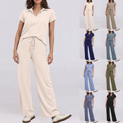 2-teiliges Damen-Outfit-Set, Sommer-Kurzarm-Rüschenoberteil und Hose mit weitem Bein, passende Outfits