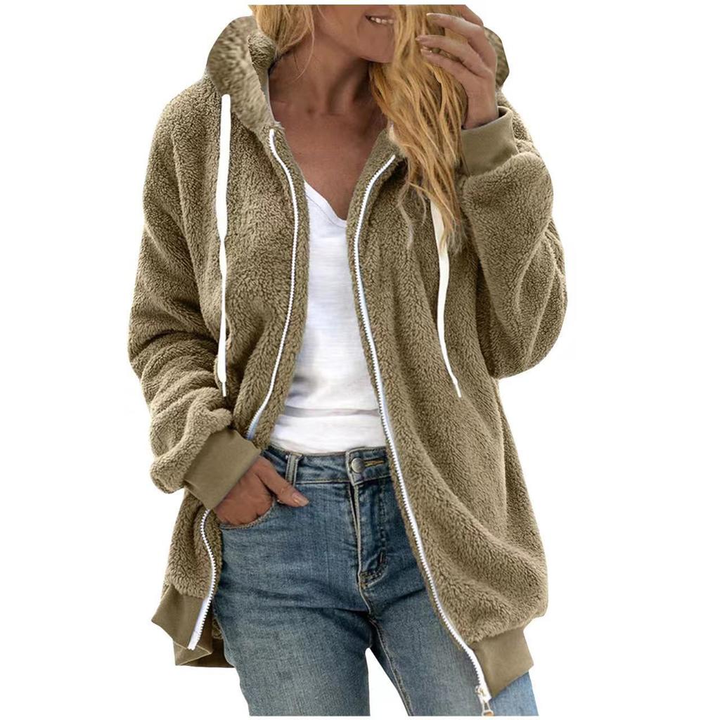 Women's Fashionable Plush Zipper Solid Color Pocket Hooded Long Sleeved Loose Warm Jacket