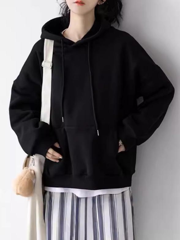 Black Solid Color Hooded Sweatshirt for Women - Korean Style, Loose Fit, Casual, Versatile, Plus Velvet Jacket for Autumn/Winter.