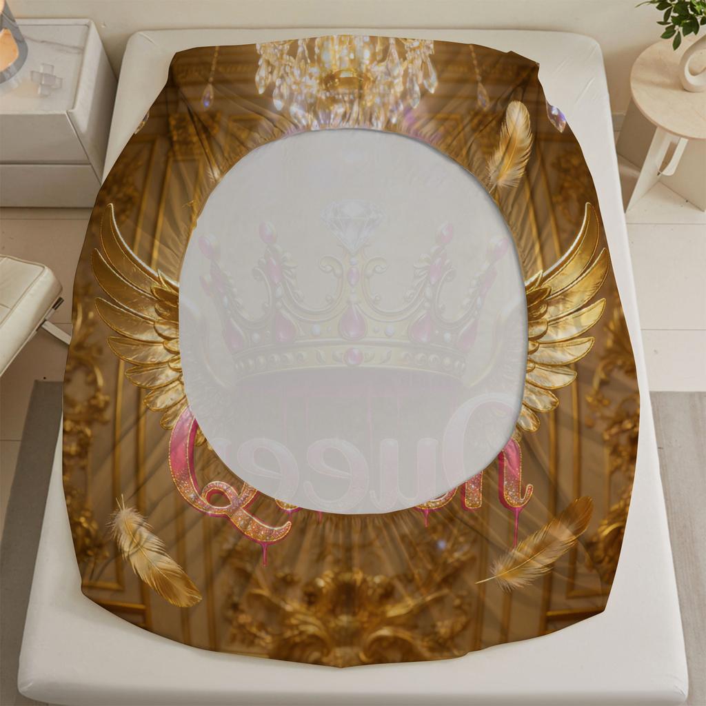 Queen Crown Wings Fitted Sheet Set Gold Pink Royal Crown And Wings Print With Queen Text Bedroom Decor