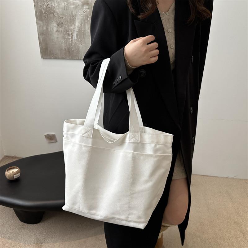 Large Capacity Minimalist Korean Style Solid Color Canvas Tote Bag For Women In Black And White