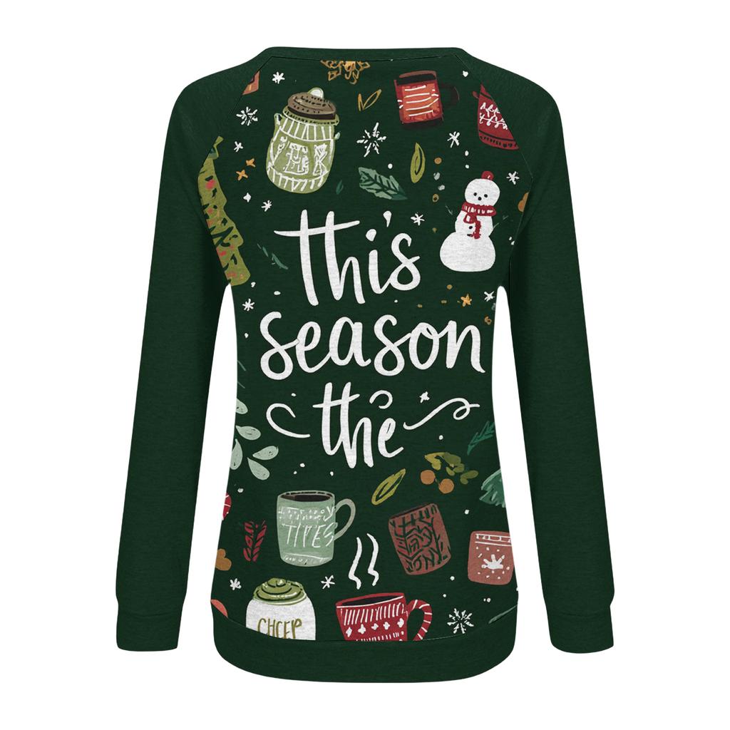 Women's Fashion Casual Long Sleeve Christmas Printed  Neck Sweatshirt Top