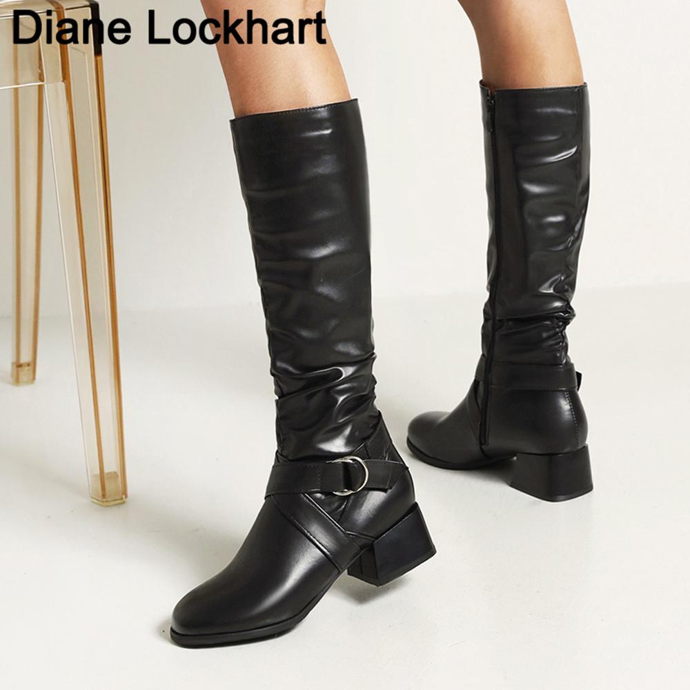Fashion 2025 White Female Zip Leather Knee High Boots Women Buckle Long Knight Boots Female Combat Boots Ladies Low Heels Shoes Yellow
