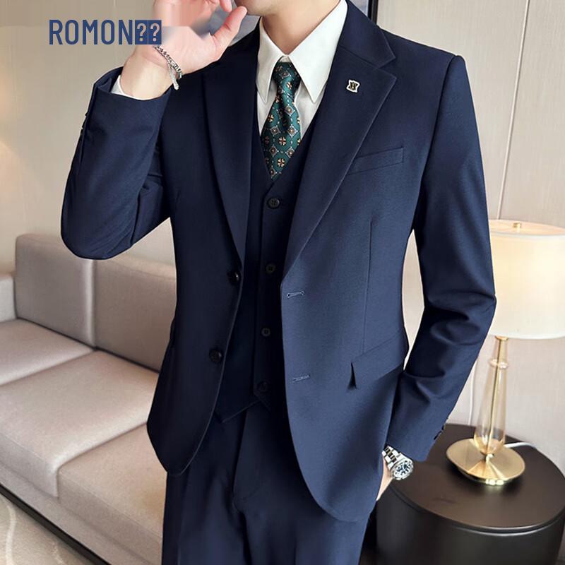 ROMON Men's Slim Fit 3-Piece Business Suit Set