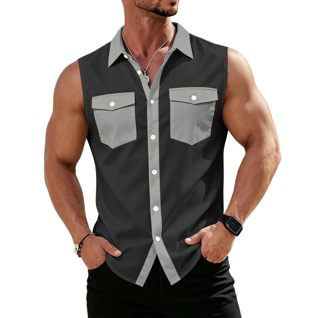 Men's Workwear Lapel Button-Down Vest Shirt - Lightweight Sleeveless Top