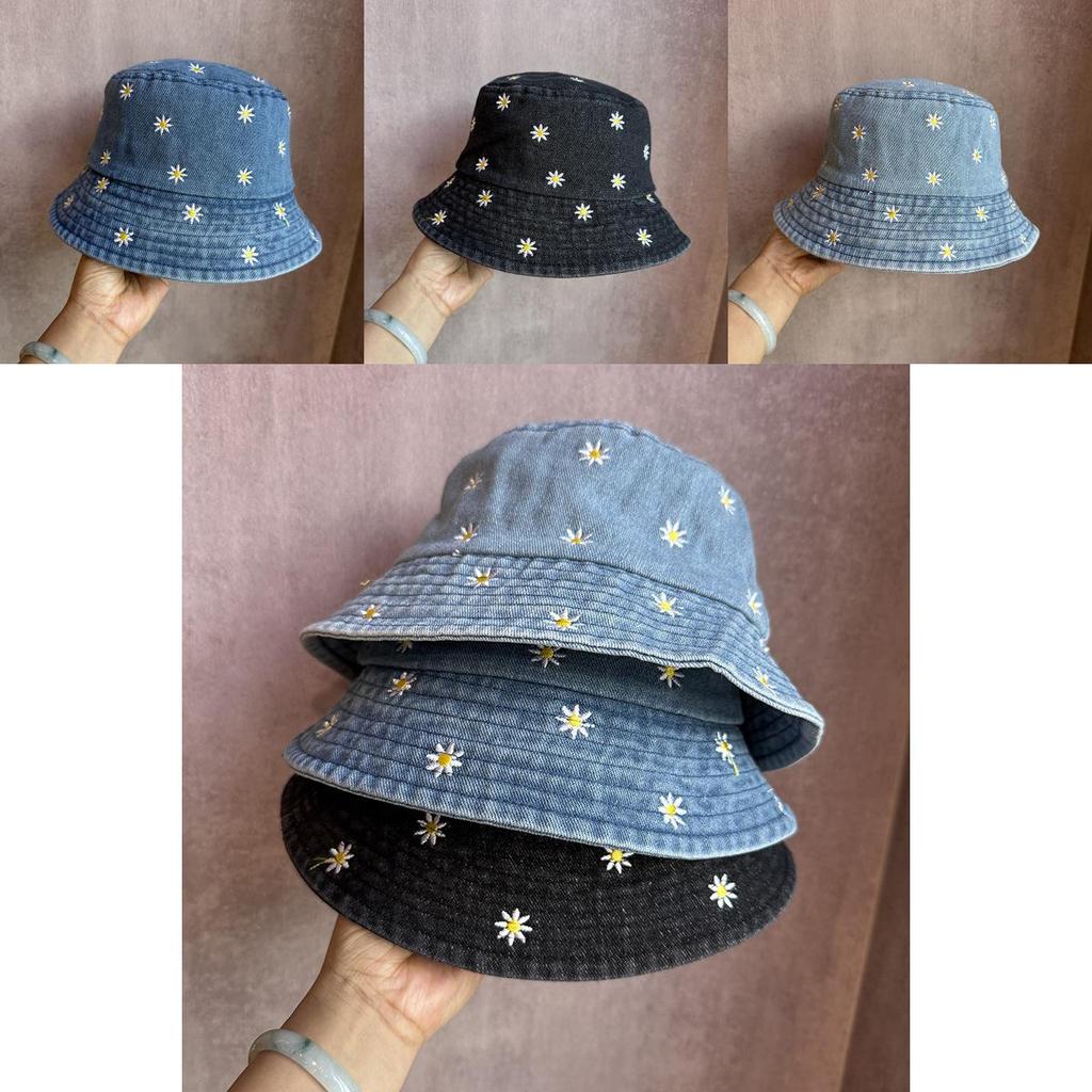 Japanese Ins Embroidered Daisy Bucket Hat With Sun Protection For Summer Casual Wear