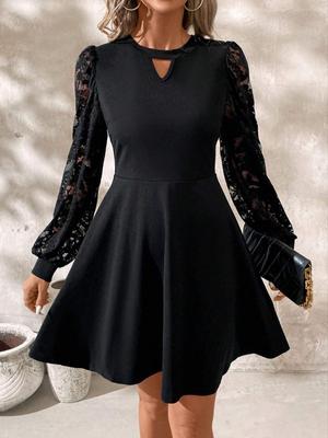 2025 Elegant Black Lace Patchwork Lantern Sleeve Dress - European & American Style