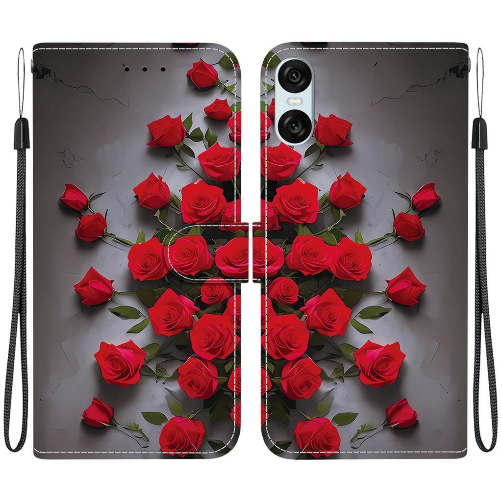 Handgefertigte PU-Leder-Flip-Hülle für Sony Xperia 10 VI Rutschfeste Stoßfeste Hülle mit Handschlaufe & Herz/Rose Katze Designs