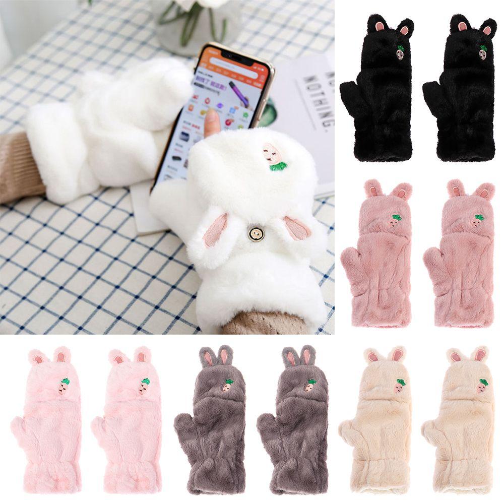 Winter Cute Cat Soft Plush Thick Warm Mittens Faux Rabbit Hair Gloves Half Finger
