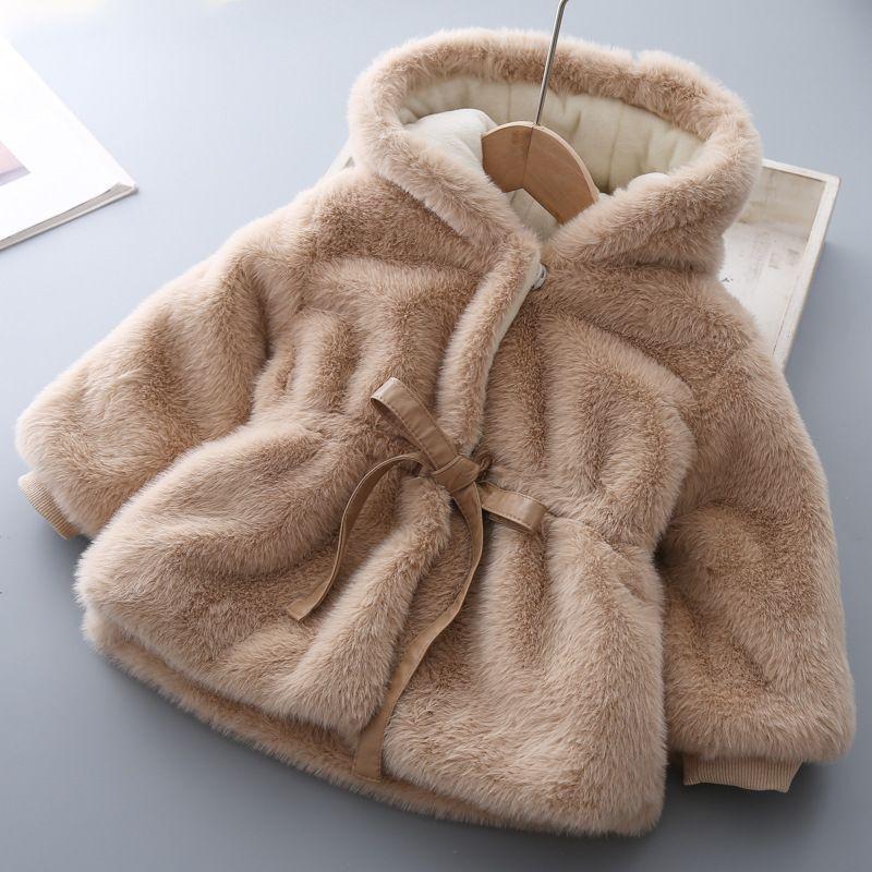 Winter Girls Coat Warm Mink Fur Padded Thickened Long Sleeve Hooded Coats Baby Kids Children Jacket Outerwear