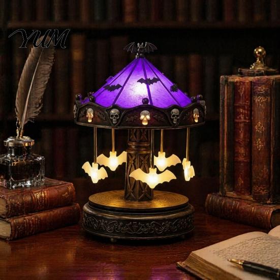 Niche Gothic Home Accents Halloween Ghost Carousel Lights, Stained Glass Night Light with Retro Copper Creative Projection Base, USB Rechargeable