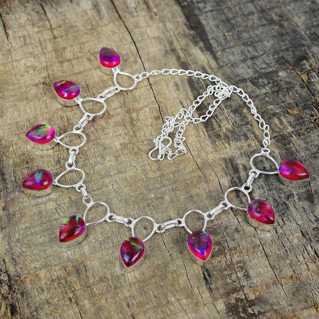 Pink Triplet Opal Silver Necklace, Pink Opal Necklace, Gemstone Necklace, 925 Sterling Silver Jewelry, 925 Silver Crystal Dainty Necklace For Her