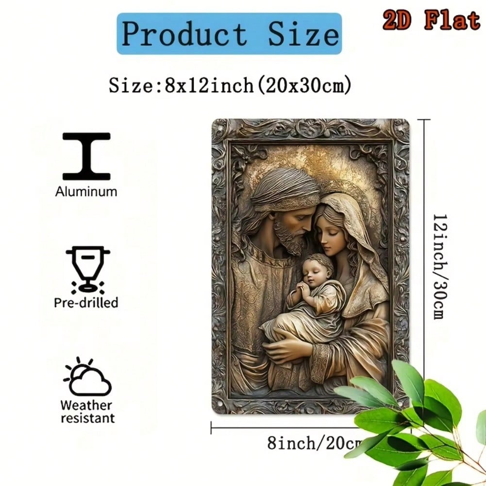 2D platt vintage heliga familjen metallskylt, utsmyckad snidad religiös dekor (Guldfärgad) - Kristet Hemkyrka Väggkonst Gåva