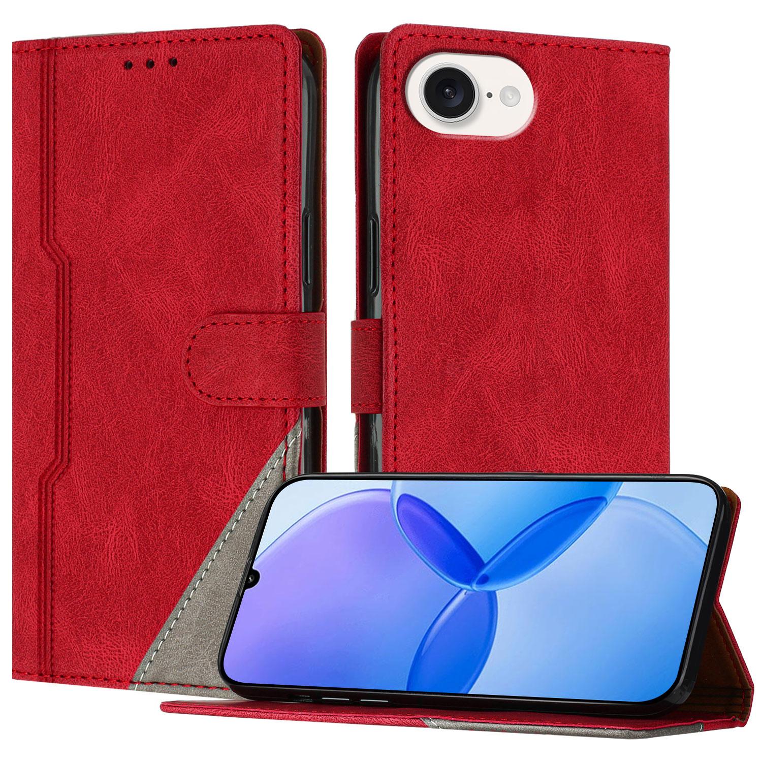 

For iPhone 16e Leather Case Triangle Patchwork Wallet Stand Shockproof Phone Cover Red